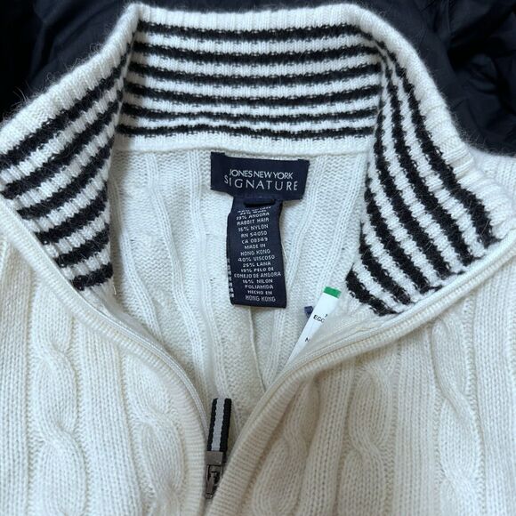 Jones New York sz L Ivory Stand Collar Wool Angora Blend Cable Knit Cardigan NWT - Picture 3 of 7